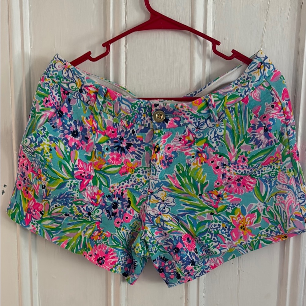 Lilly Pulitzer Pink and Blue Bermuda Shorts Vibrant Tropical Design
